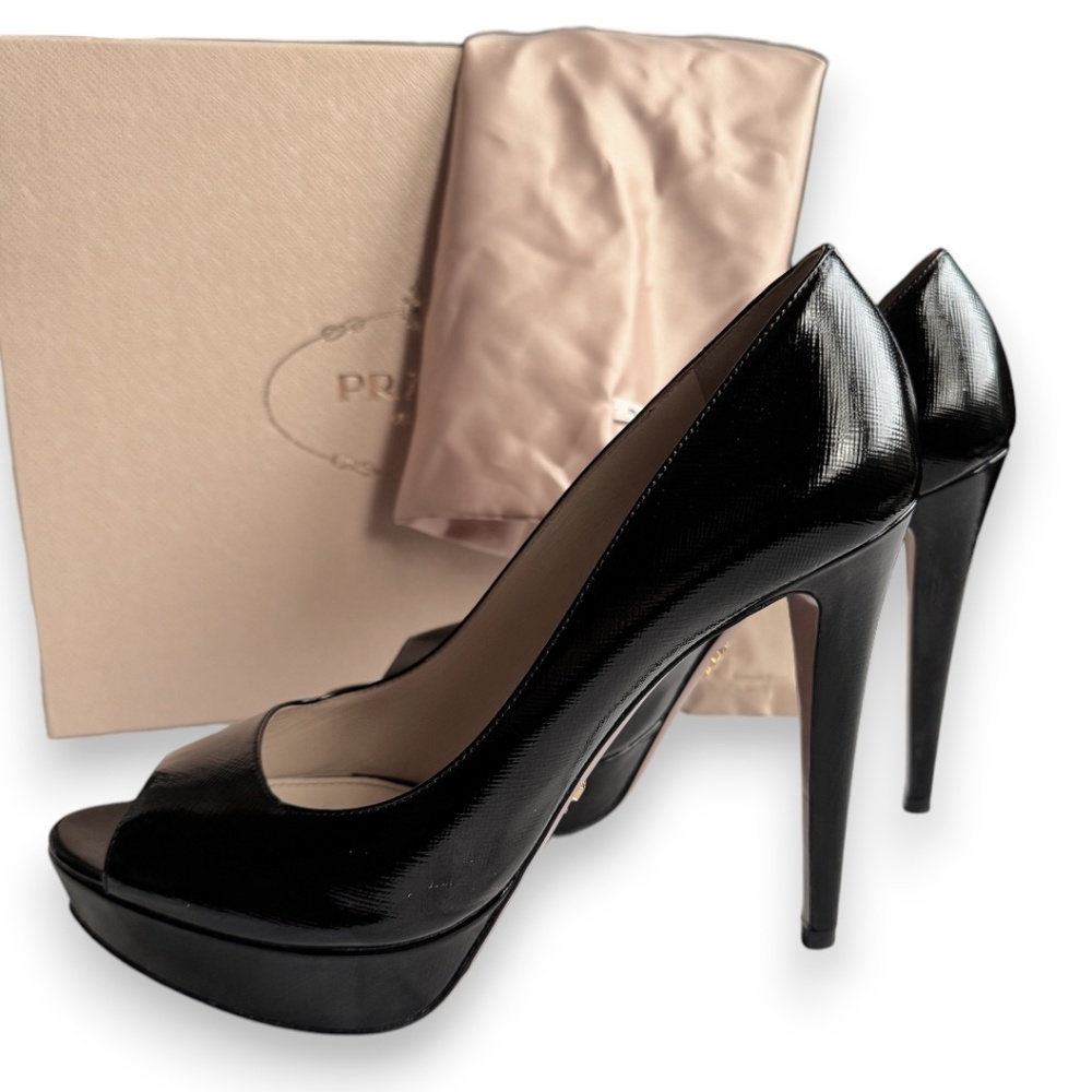 PRADA Vernice Saffiano leather peep toe platform pumps black size 39.5 - Picture 1 of 16